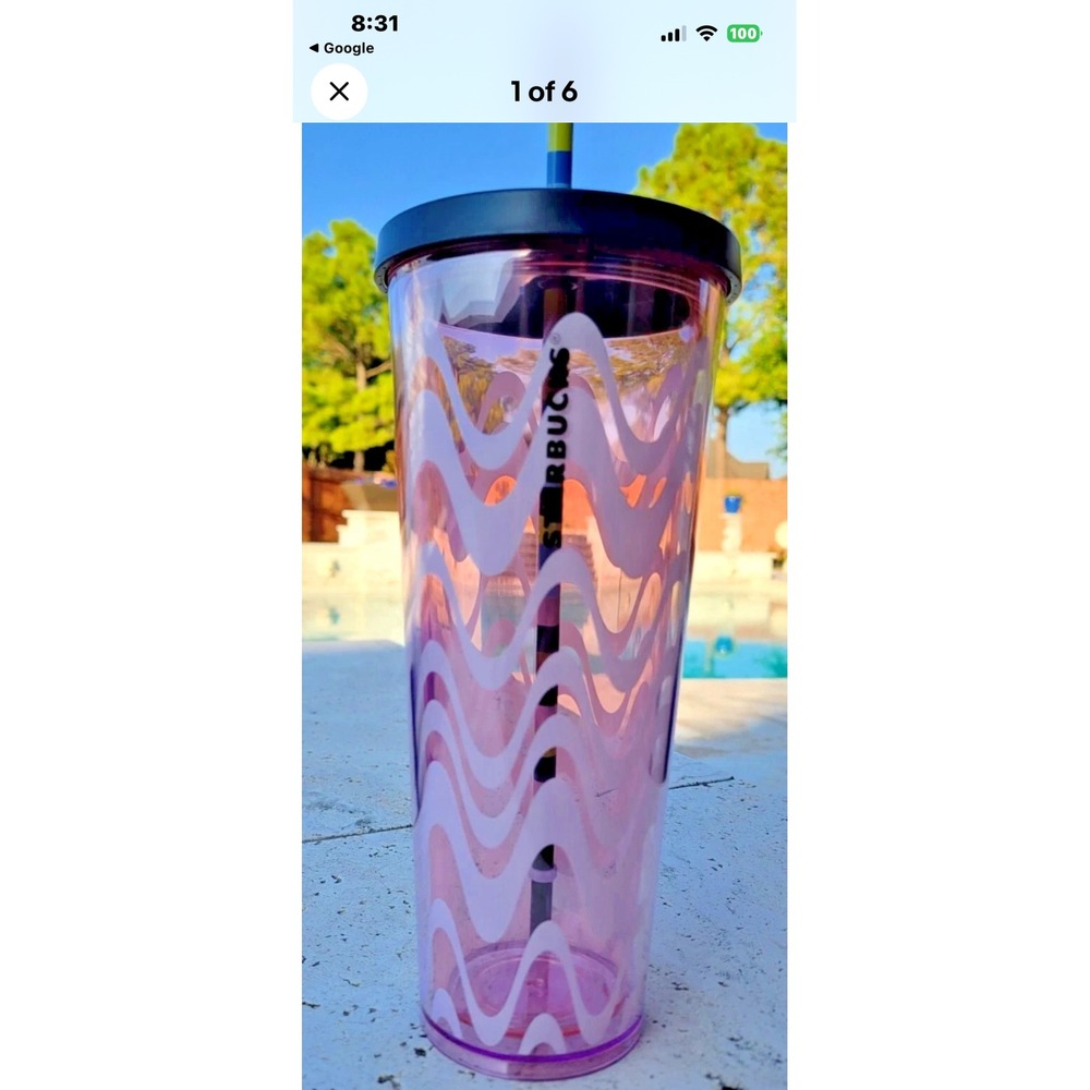 Starbucks Pink Wavy Psychedelic  Cup Tumbler 24oz Venti Black Lid Striped Straw